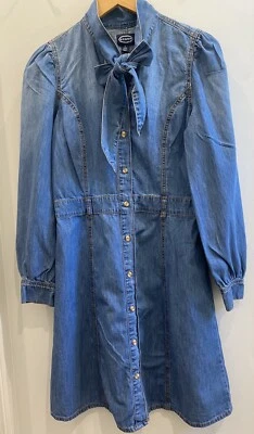 SCOOP Women’s Size S (4-6) Button Down Tie Neck Puff Sleeve Denim Dress Cowgirl Foto 1 de 4