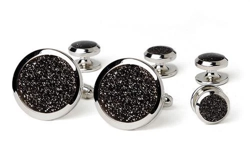 Nuevo juego de caja de regalo de gemelos con bisel ancho plateado polvo diamante negro para hombre Foto 1 de 1