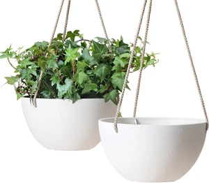 White Hanging Planter Basket - 8 Inch Indoor Outdoor Flower Pots, Plant Containe - Picture 1 of 12