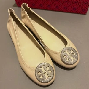 NIB Size 9 {Tory Burch} Women's Minnie Travel Ballet Pave Flat Stone Gray/Silver - Picture 1 of 7