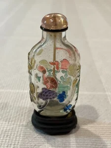 Antique Chinese Qing Dynasty Multi-Color Clear Glass Snuff Bottle w/ Wood Stand - Picture 1 of 24