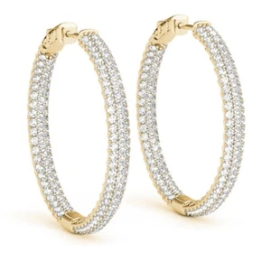 1CTW Natural Diamond 14K Gold 3-Row Pave Inside Out Huggie Hoop Earrings 16mm - Picture 1 of 28