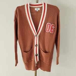 Aerie Oversized Varsity Letterman Cardigan Womens Size XXS Tan Button Front - Picture 1 of 5