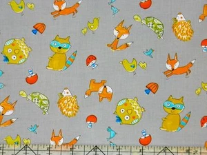 Fox Woodland Animal Owls Toss Grey Fabric - Picture 1 of 1