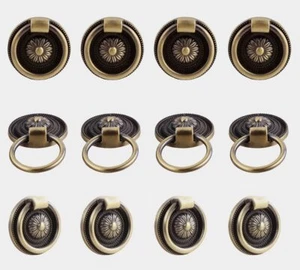 12Pack Antique Brass Drop Ring Drawer Pulls Vintage Cabinet Dresser Ring Handles - Picture 1 of 7