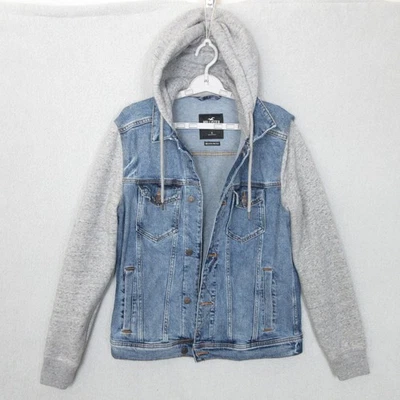 Hollister Jacket Mens Small Blue Denim Hooded Gray Sleeve Epic Flex Casual - Image 1 of 4