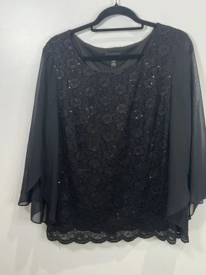 Blusa Connected Apparel para mujer negra de encaje con lentejuelas mangas fluidas talla grande 16 Foto 1 de 4