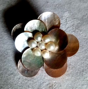 Unusual vintage preowned shell & pearl brooch by Yves Rocher