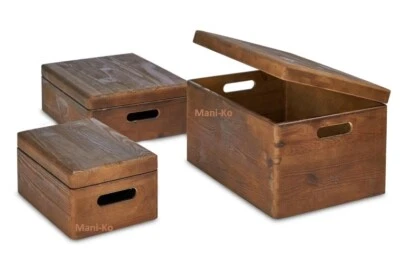 Wooden Box with Lid Handles Hasp Storage Pine Wood Brown Boxes Home Decoration - Image 1 of 4