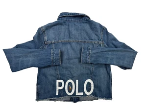 Polo Ralph Lauren Jacket Girls 12 Blue Denim Trucker Pony Spellout Graphic Kids - Picture 1 of 8