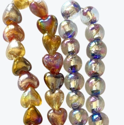 LOT Art Glass Beads Heart Flower Iridescent Lampwork Glitter Foil 14-15mm Crafts - Image 1 of 4