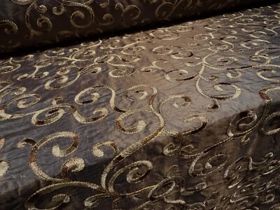 Taft Kunstseide Stoff, Meterware - Metallic Swirl Stickerei - Bronze & Gold - Bild 1 von 3