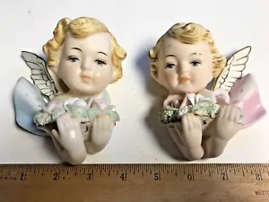 Vintage Pair of Norcrest Porcelian Cherubs Angels Figurines, Pink & Blue - Picture 1 of 9