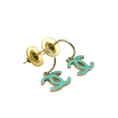 CHANEL Vintage 08C CC Logo Emaille Creolen Gold Hellblau Vergoldet - Bild 1 von 4