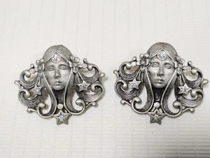 Vintage JJ Jonette Goddess Pewter Set of Post Earring Signed - Picture 1 of 8