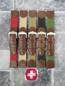 19mm Leather Nylon Strap Watch Band Brown Green Beige Black WENGER SWISS ARMY - Picture 1 of 22