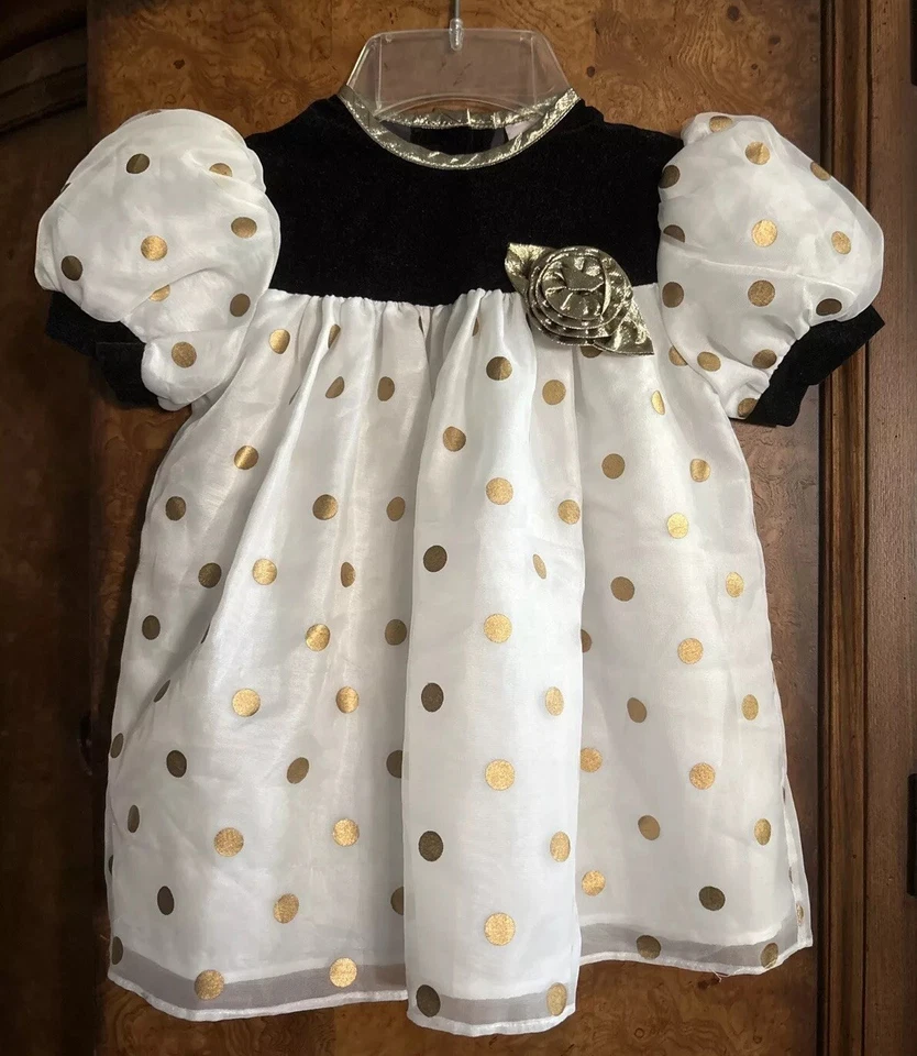 EUC VTG  La Princess Girls White Black Dress Polka Dots Gold  Made In USA 2T - Image 1 of 4