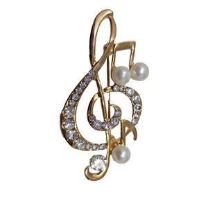 Musical Note Treble Clef Brooch Gold Tone w  Faux Pearls & Rhinestones - Picture 1 of 7
