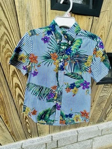 Polo Ralph Lauren Boys S (8) Camp Shirt Linen Hawaiian Blue Floral Pinstriped - Picture 1 of 10