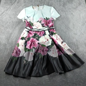 Ted Baker Dress Womens Size 3 Medium Blue Black Floral Flare Short Sleeve Rose - Picture 1 of 8