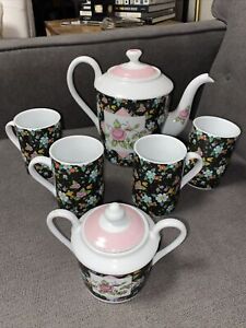 Vintage Set of 6 Mary Engelbreit Floral 8.5â€� Teapot 4â€� Cups and 4.5â€� Sugar