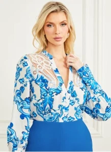 Neu Guess Marciano Blue Note Leinenhemd bestickt Bluse Top 0 XS - Bild 1 von 5