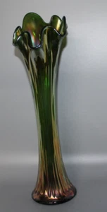Vintage Green and Gold Carnival Glass Vase 14 1/2" Tall Chip - Picture 1 of 3