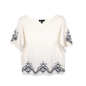 Ann Taylor Sweater Womens Medium Short Sleeve Embroidered Knit V Neck Pullover - Picture 1 of 8