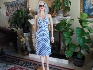 Alberta Ferretti Light Blue/White Print Embellished V Neck Sheath Dress Size 6 - Picture 1 of 24