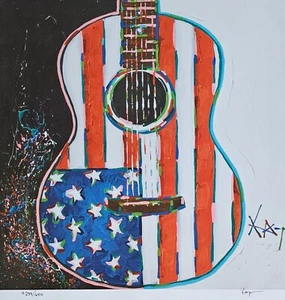 Kat American Acoustic Guitar American Flag Art Hand Signed Numbered Lithograph - Picture 1 of 9