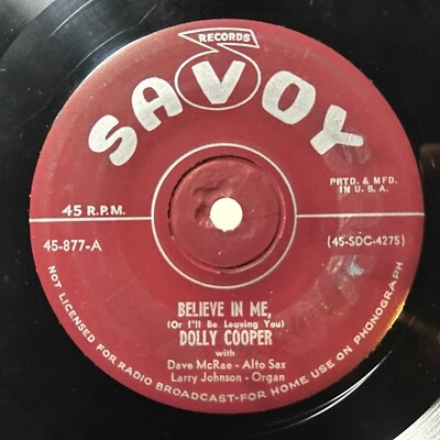 DOLLY COOPER Believe In Me / Is It True (1952) SAVOY 45 RPM small hole - Image 1 of 2