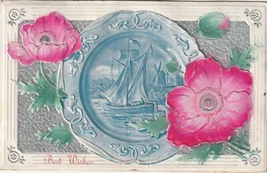 C1 - Grußkarte Relief Schiff Blumen - Fp Vg 1910 - Bild 1 von 2