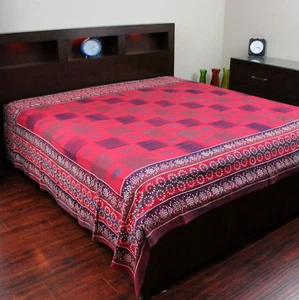 Block Print Cotton Tapestry Spread Tablecloth Full-Queen 88 x 106 inch Red Gray - Picture 1 of 4