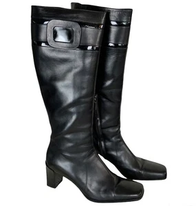 Bruno Magli Womens Boots 38 Classic Tall Black Half Zip Square Toe Heeled Knee - Picture 1 of 12