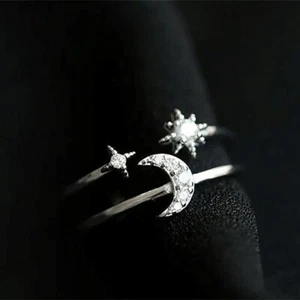 Sterling Silver Adjustable Celestial Double Layer Star Crescent Moon Ring w/ CZ - Picture 1 of 7