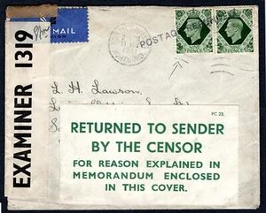 GB WW2 INTERRUPTED MAIL Cover KGVI *POSTAGE REFUNDED* Censor 1941 RETOUR MC114a - Picture 1 of 12