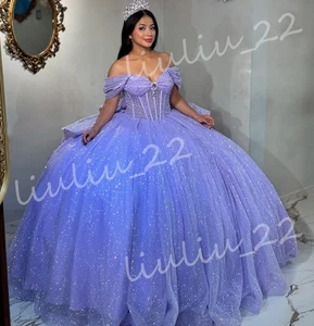 Glitter Lavender Quinceanera Dresses With Bow Off Shoulder Sweet 15 16 Ball Gown - Picture 1 of 12