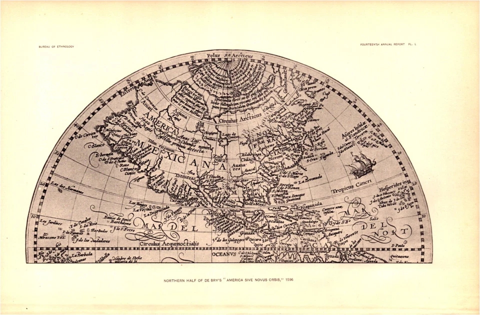 NORTH HALF DE BRY'S "AMERICA SIVE NOVUS ORBIS" 1596 Antiguo mapa facsímil 1896 Foto 1 de 1