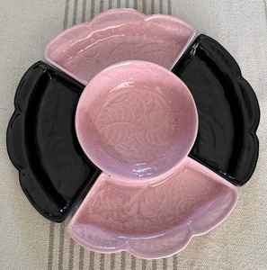 California Pottery Pink & Black Leaf Snacks Relish Dip Trays #114 USA - Picture 1 of 10
