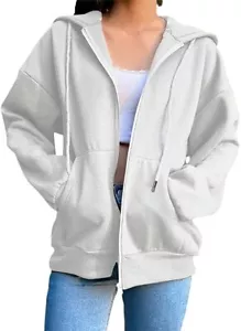 Women's Sport Drawstring Hoodies Zip-Up Loose Fit Sweatshirt Coat Tops Wht S - Picture 1 of 8