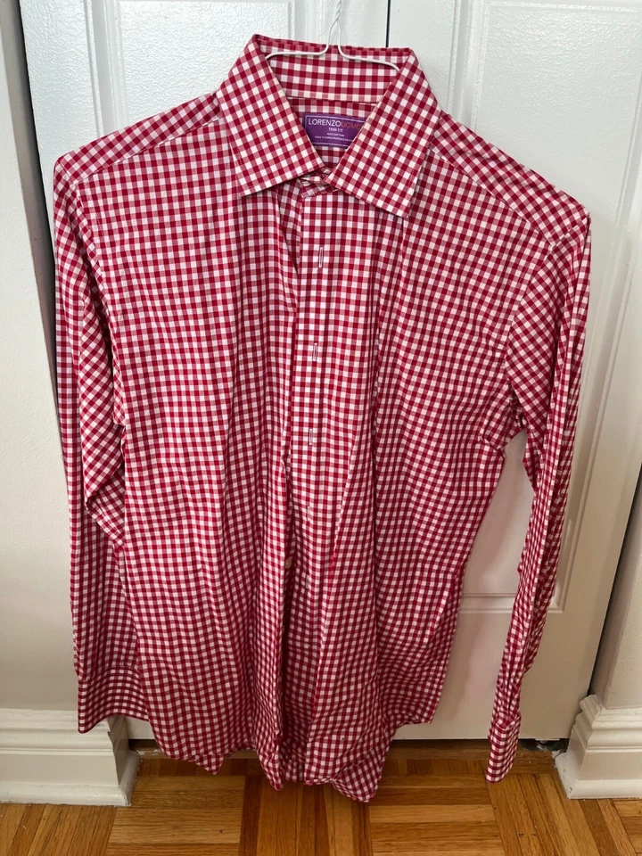 Lorenzo Uomo Trim Fit Mens Size 15 32-33 Button Down Shirt Red Stripe - Image 1 of 1