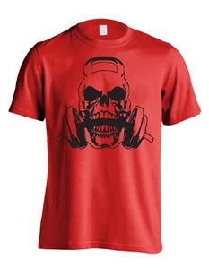 New Men's Weight Lifting Skull T-Shirt Athletic Kettle Bell Gym Sports Tee Shirt - Picture 1 of 4