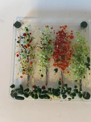 "Remache de vidrio artístico fundido hecho a mano 6"" cuadrado multicolor árboles naranja verde transparente" Foto 1 de 4