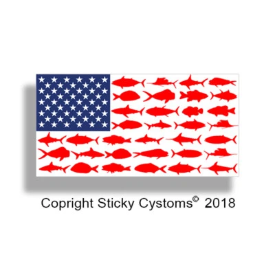 American Flag Fish Sticker USA Fishing Decal Car Vehicle Window Graphic Bumper - Image 1 of 2