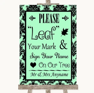 Mint Green Damask Fingerprint Tree Instructions Personalised Wedding Sign - Picture 1 of 8