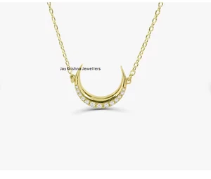 Half Cut Moon Crescent Necklace, 925 Silver Lab Diamond Birthday Gift Necklace - Picture 1 of 3