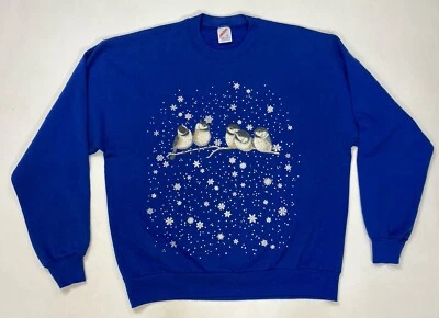 Sudadera DE COLECCIÓN Pájaro Copos de Nieve Gráfico Cuello Redondo Mujer Grande Azul EE. UU. 90s Foto 1 de 4