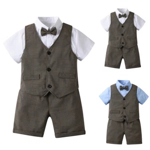 Baby Boys Gentleman Outfits Suit Top+Shorts+Bow Tie Set Toddler Formal Clothes - Picture 1 of 12