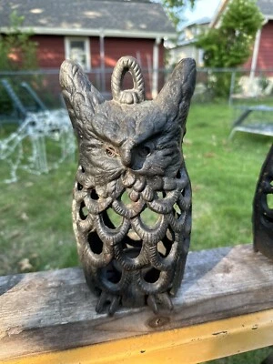 Rare Vintage Japanese Antique Cast Iron Owl. Home Decor 7.5" - Pair - Image 1 of 3