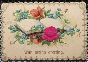 Embossed Fabric Flowers Book Floral Loving Antique Greeting Card - Picture 1 of 2
